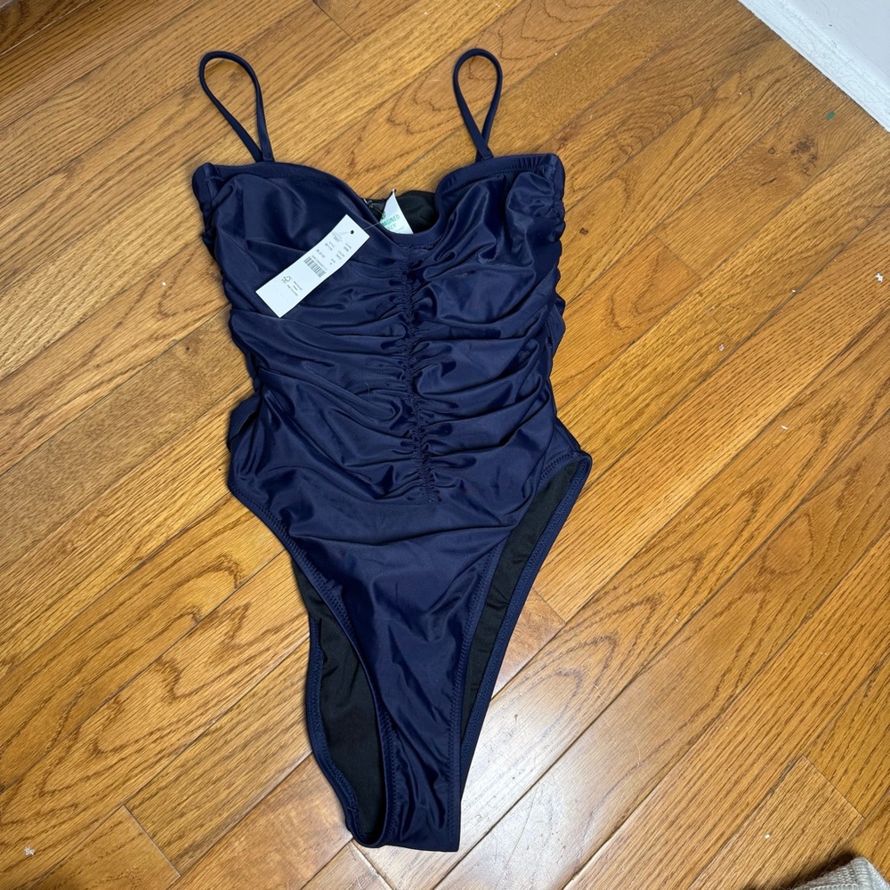J.Crew Ruched Sweetheart One Piece Navy Blue Swimsuit Size 4 NEW - Picture 3 of 12
